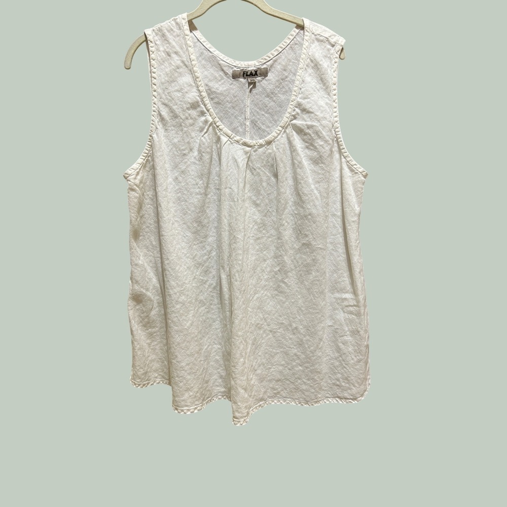 FLAX Linen Tank Top 2G White Pleated Scoop Neck Sleeveless Flowy Lagenlook
